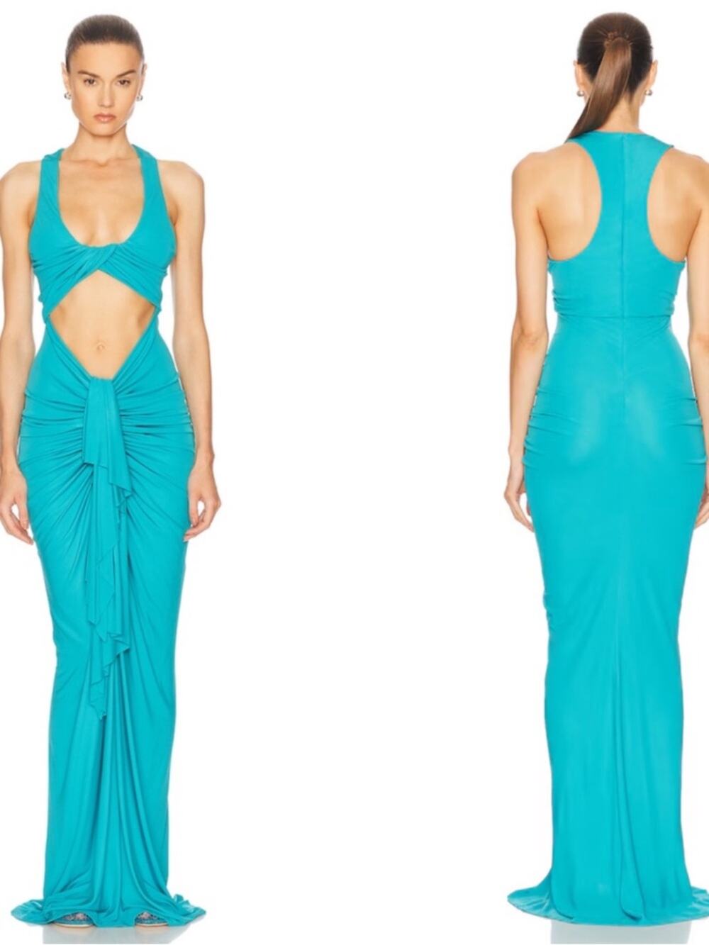 CHRISTOPHER ESBER Vivenda Drape Front Ruched Cutout Blue Maxi Dress Size 0